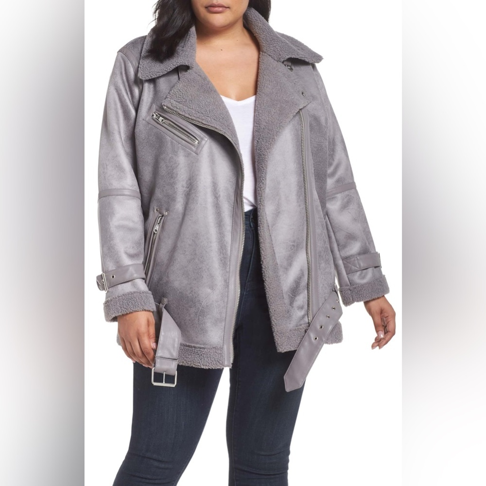 Avec Les Filles Faux Shearling Moto Jacket - Grey